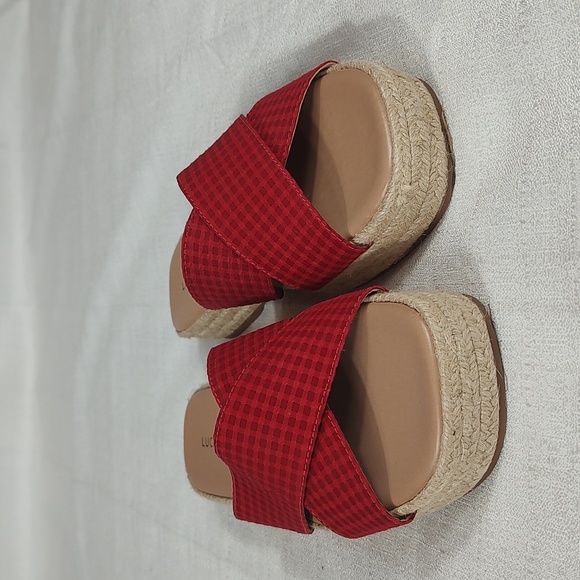 Lucky Brand Shoes - Lucky Brand Gayte Red Plaid Chunky Platform Fabric Upper Sandal Womens Size 7.5M